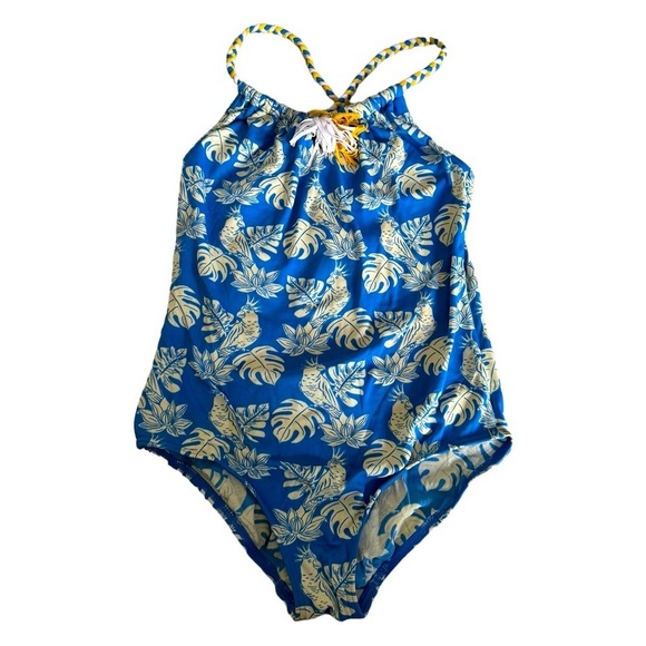 MINI BODEN Palm Tree Bathing Suit Blue 7/8 YR